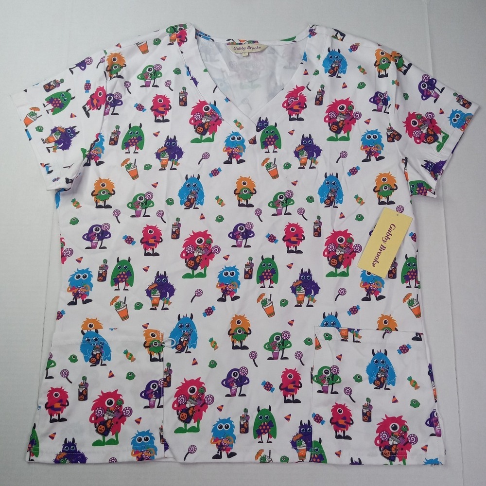 Gabby Brooke VNeck Scrub Top Women's Size L White Monsters Candy Print NEW